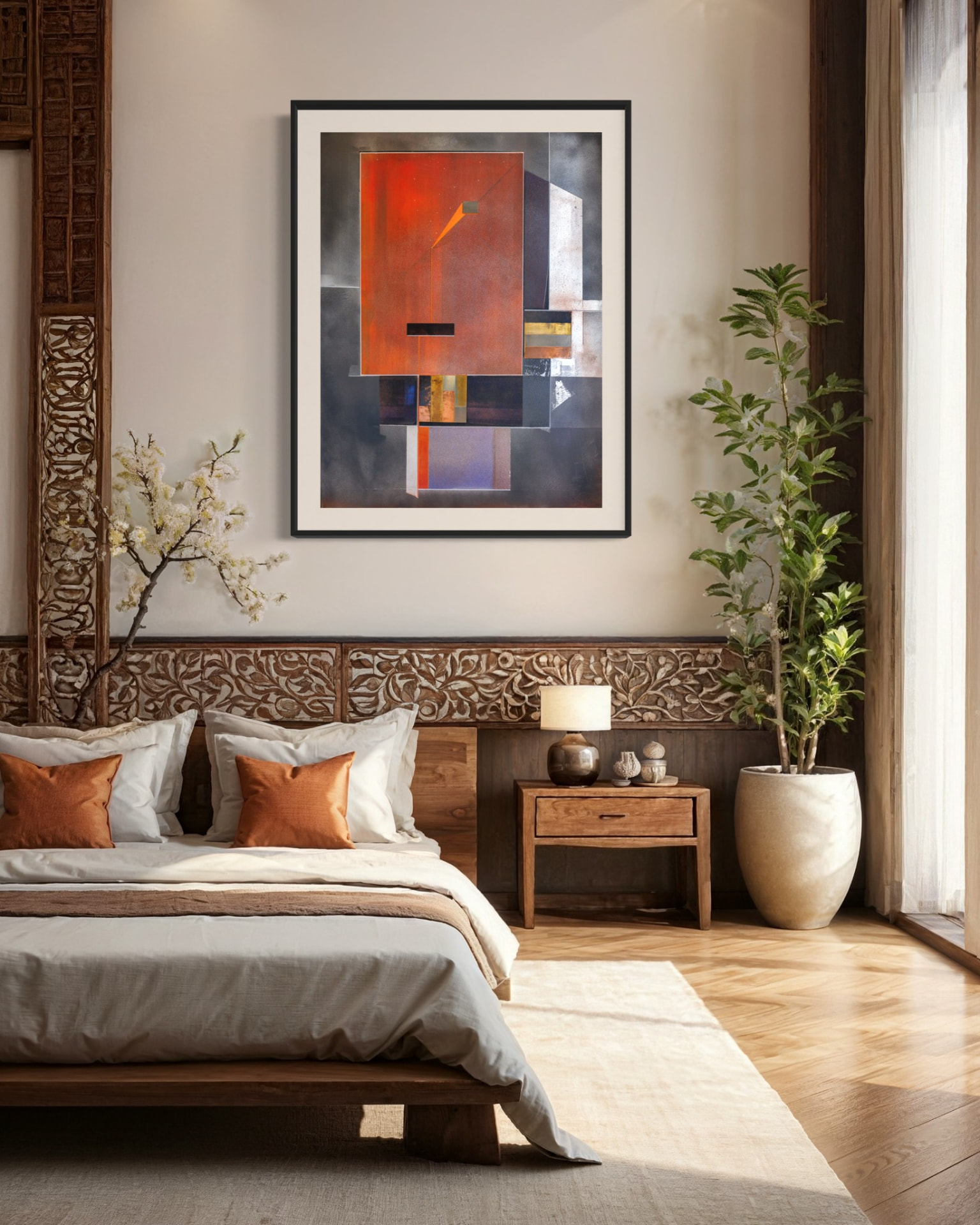 Jorge Engel artwork placed in a residential bedroom