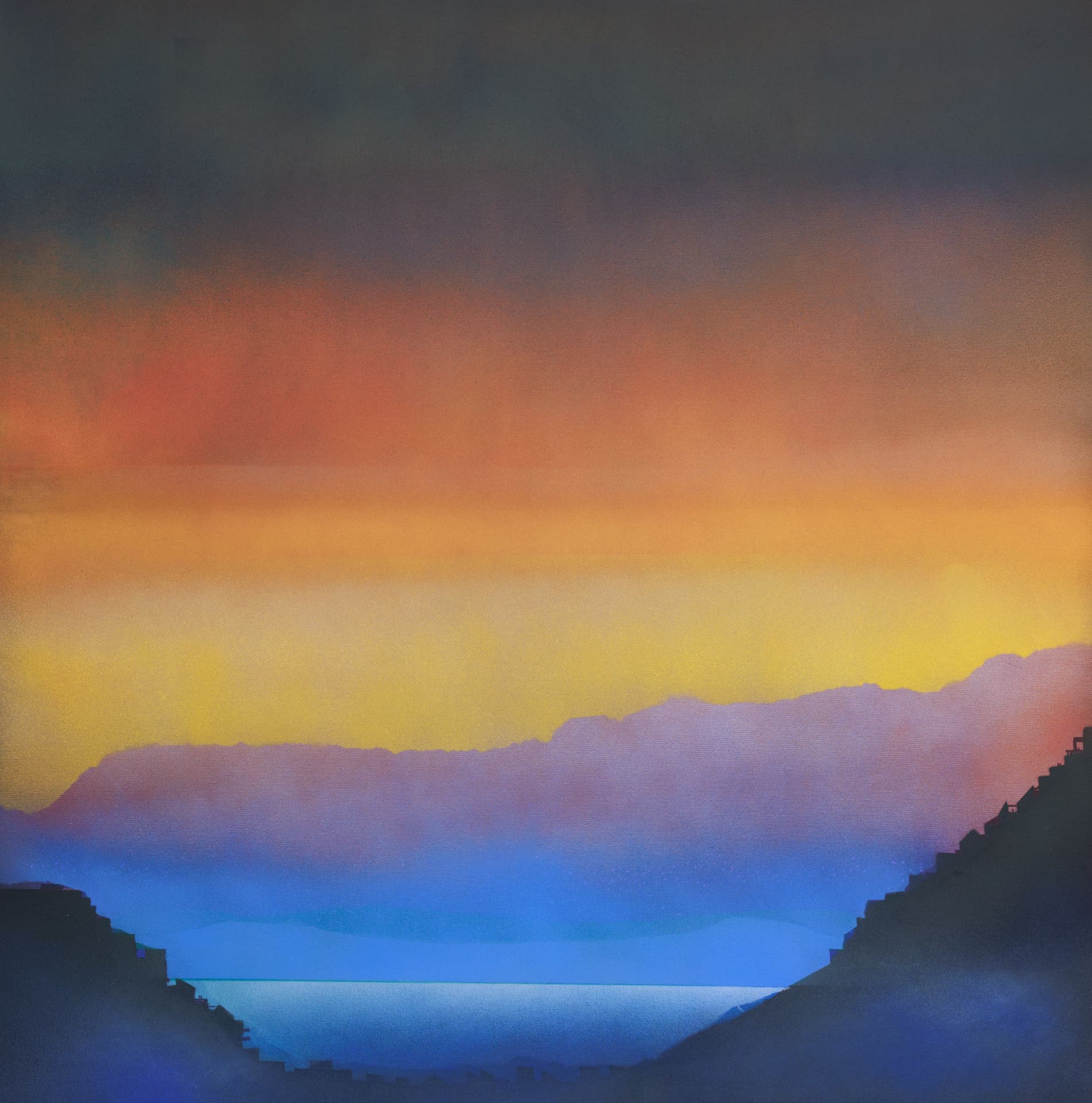 Abstract painting by Jorge Engel: a luminous orange and yellow sky above a blue lake framed by dark stepped ridges