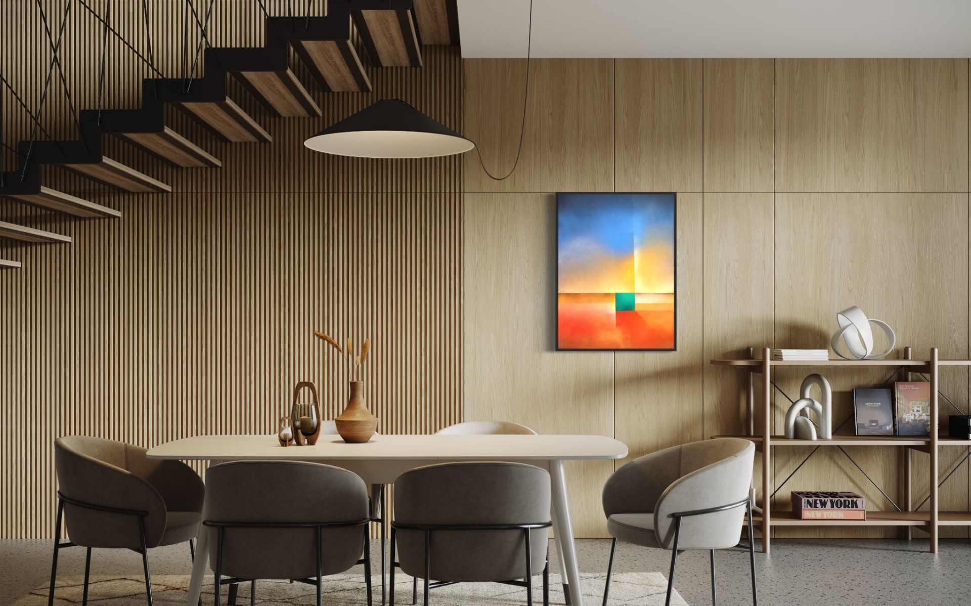 Jorge Engel artwork placed in a modern dining interior