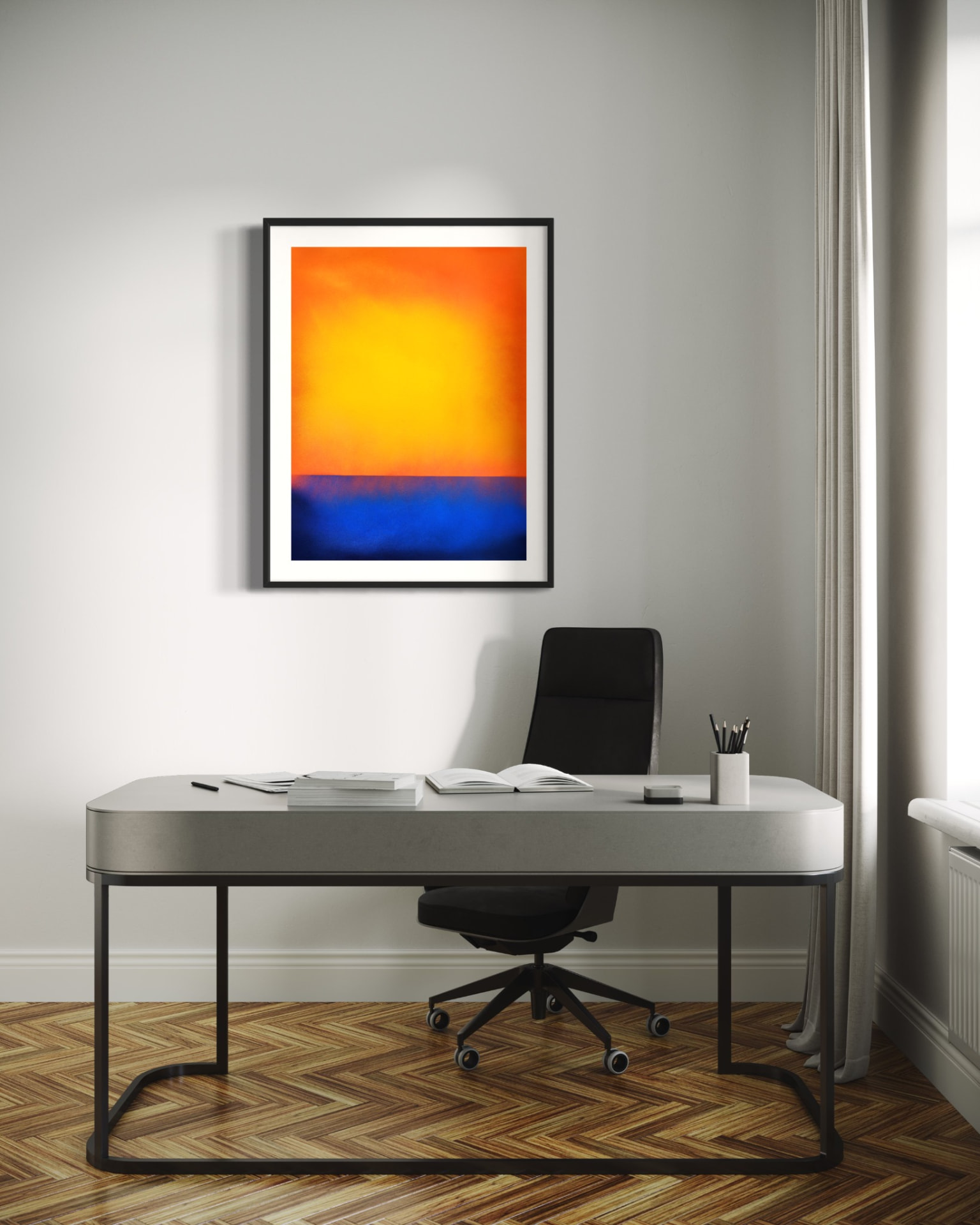 Jorge Engel artwork placed above a desk in a workspace