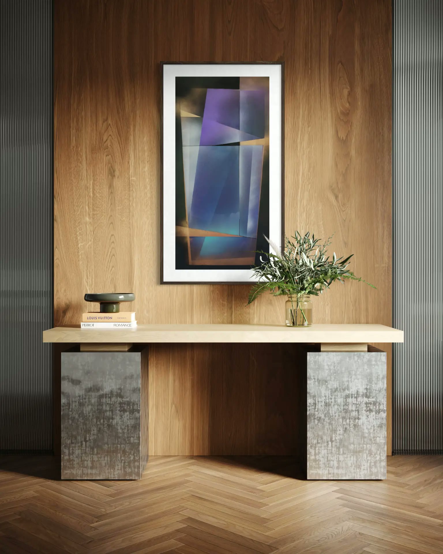 Jorge Engel artwork placed on a wood-paneled wall above a console table
