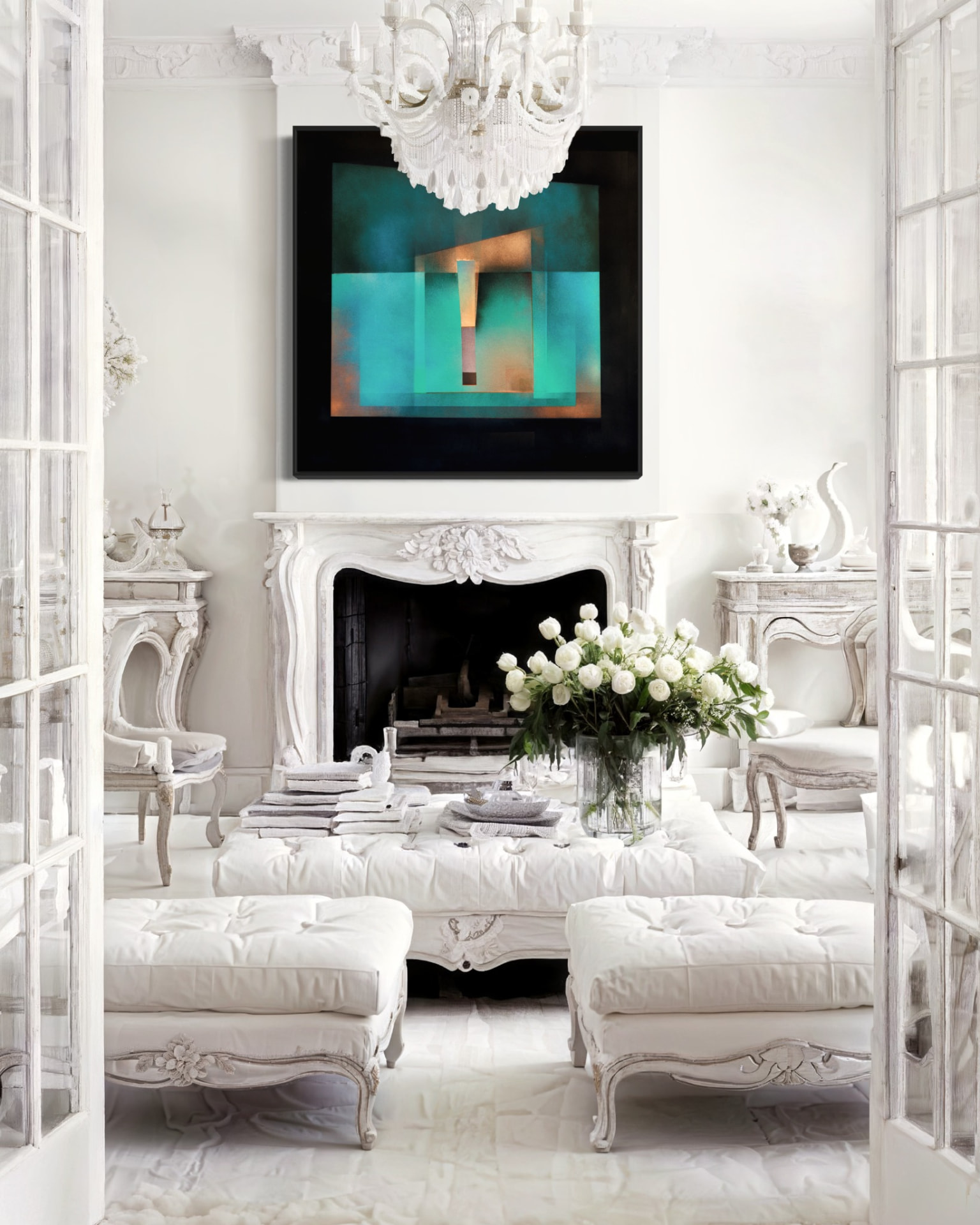 Jorge Engel artwork placed above a fireplace in a light-filled lounge